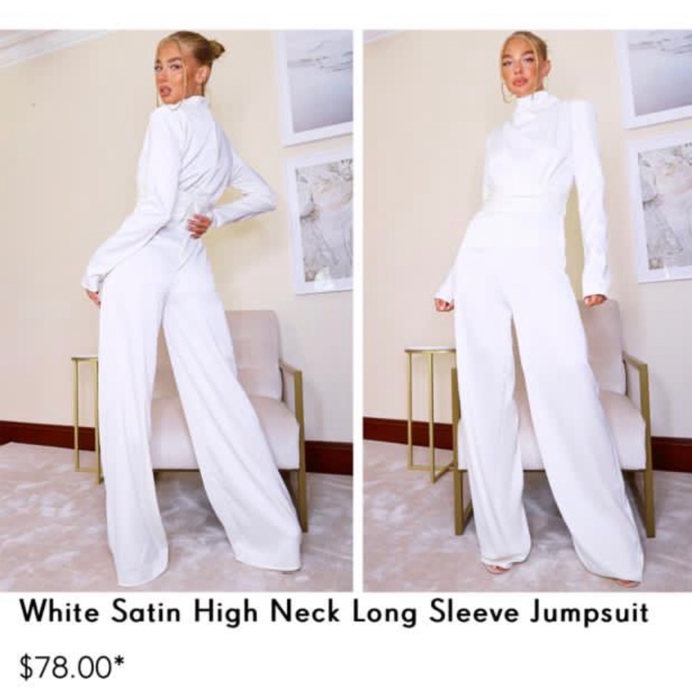 White Satin High Neck Long Sleeve Jumpsuit